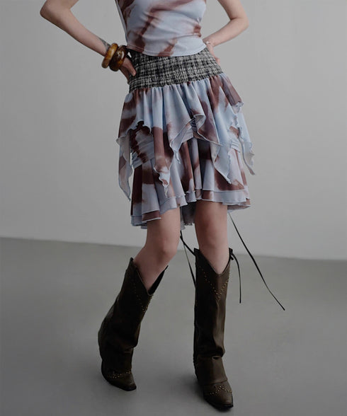 Smoke Dye Ruched Flounce Skirt